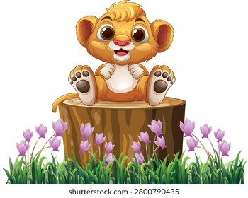 Adorable lion cub vector illustration sitting on a wooden stump surrounded by purple spring flowers.
