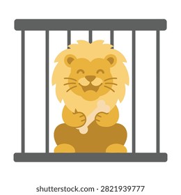 Adorable lion icon trapped behind bars representing animal captivity, zoo life, and the need for wildlife protection and freedom.