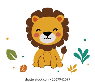 Adorable Lion in Jungle Setting for a Wild and Natural Theme Illustration. Vector illustration
