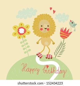 Adorable lion on skates with flowers and birds