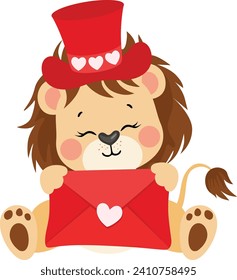 Adorable lion with red hat holding a valentine letter envelope