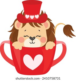 Adorable lion with red hat inside the red teacup