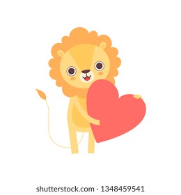 Adorable Lion Standing with Red Heart, Funny African Animal Cartoon Character Vector Illustration