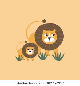 Adorable lions with funny eyes and green bush. Savannah animals vector illustration.