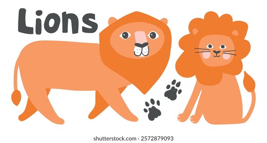 Adorable lions with vibrant orange manes, playful expressions, and paw prints. Perfect for children’s designs, jungle themes, and wildlife-inspired art.