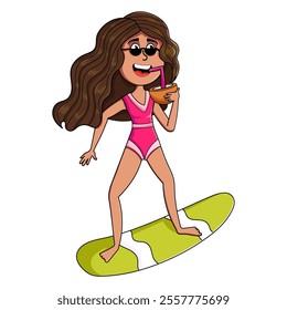 Adorable little African girl surfing on a wave, wearing a pink swimsuit and sipping a cocktail, cartoon style, playful and fun