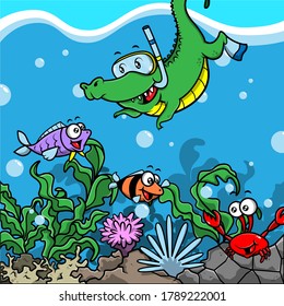 Adorable little Alligator snorkeling and greeting underwater animals with coral reefs and seaweed scenery cartoon vector