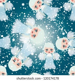 Adorable little angels on the sky / Snow seamless background