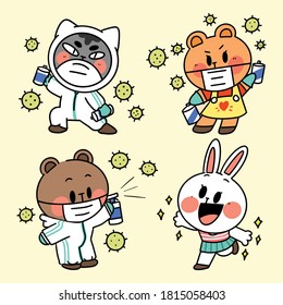 Adorable Little Animal Squad Safe From Corona Campaign Vector Illustration Asset Collection