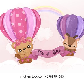 Adorable little animals flying with air balloon in watercolor illustration