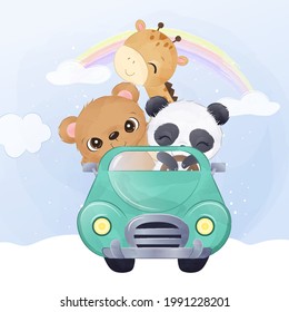 Adorable little animals riding together in watercolor illustration