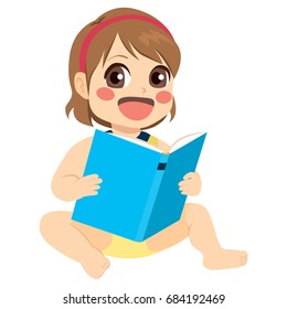 Adorable little baby girl reading fairy tale book. Curious female kid studying