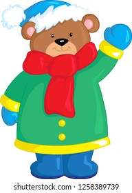 Adorable little bear, dressed for winter, with scarf, jacket, gloves, boots and hat