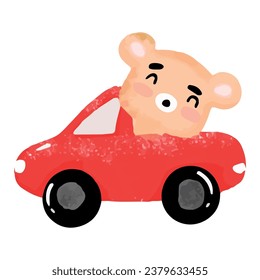 Adorable little bear drives a red car. bicycle bear