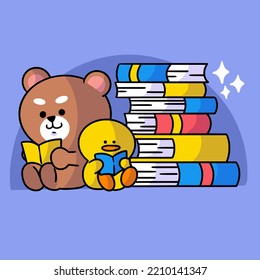 adorable little bear and duckling read books together character doodle illustration vector asset