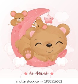 Adorable little bear with mice in watercolor illustration