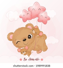 Adorable little bear with mice in watercolor illustration