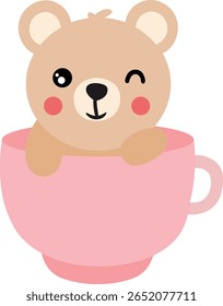 Adorable Little Bear Peeking from Pink Teacup
