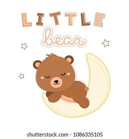 Adorable little bear sleeping on the moon. Vector. T-shirt design.