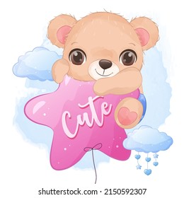 Adorable little bear in watercolor illustration