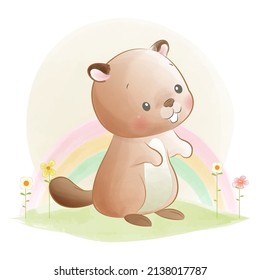 Adorable little beaver in watercolor illustration