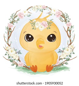 Adorable little bird in the garden illustration