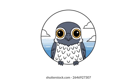 Adorable little bird peeking over the edge of a circular frame with a serene ocean and cloudy sky background