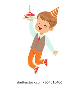 Adorable little boy in elegant clothes and red party hat having fun with birthday cake. Childrens birthday party colorful cartoon character vector Illustration