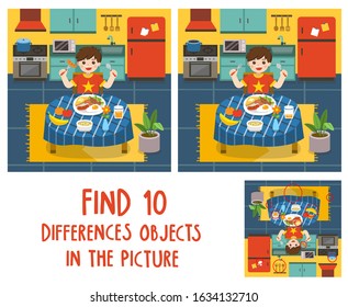 Adorable little Boy have breakfast in the kitchen. Find 10 differences objects in the picture. Educational game for children.
