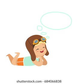 Adorable little boy in pilots helmet lying on his stomach and dreaming with a thought bubble, kids imagination and fantasy, colorful character vector Illustration