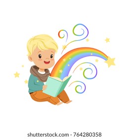 Adorable little boy reading magic book with fairy tales. Cartoon baby character. Children s imagination, rainbow and stars. Flat vector illustration