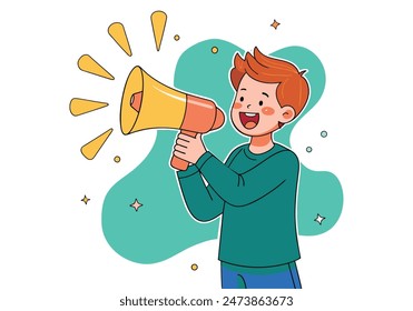 Adorable little boy shouting in megaphone. vector cartoon style  illustrator
