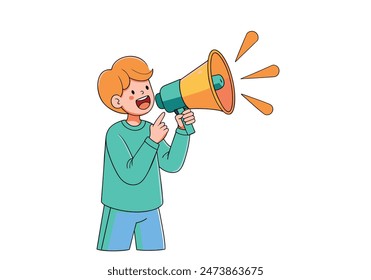 Adorable little boy shouting in megaphone. vector cartoon style  illustrator
