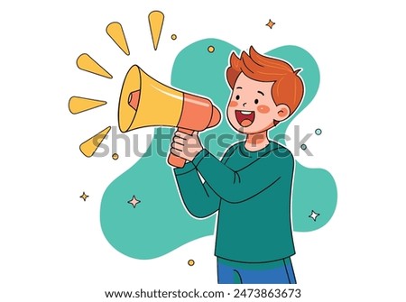 Adorable little boy shouting in megaphone. vector cartoon style  illustrator
