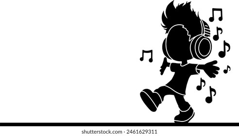 Adorable Little Boy Silhouette Listening to Music with Headphones, Silhouette of Kid Wearing Headphones Listening to Music, Little Boy