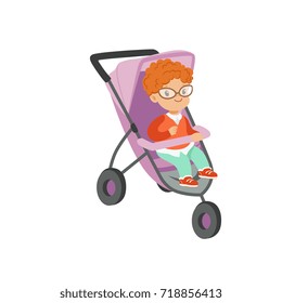 Adorable little boy sitting in modern stroller, safety handle transportation of small kids vector illustration