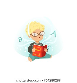 Adorable little boy sitting on floor surrounded by stars and reading educational magic book. Cartoon kid character in glasses. Isolated flat vector illustration