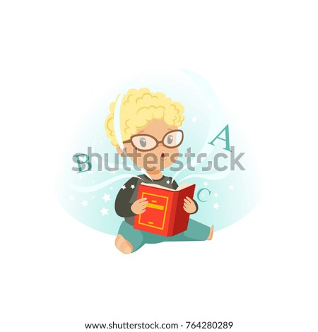 Adorable little boy sitting on floor surrounded by stars and reading educational magic book. Cartoon kid character in glasses. Isolated flat vector illustration