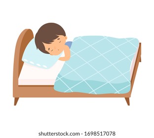 Adorable Little Boy Sleeping Sweetly in His Bed under Blanket Vector Illustration