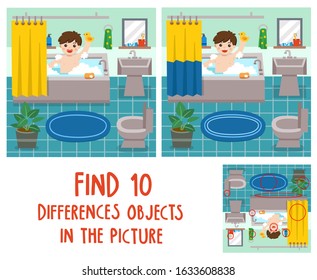 Adorable little boy taking a bath in bathtub with lot of soap lather and rubber duck. Find 10 differences objects in the picture. Educational game for children.