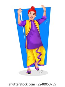 Adorable little boy in trendy national cloth performing a folk dance step with hand gestures cheerfully smiling and raise one leg while dancing. A Punjabi Bhangra dancer. Doing lohri dance avatar.