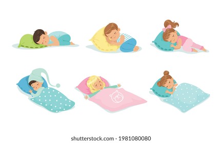 Adorable Little Boys and Girls Sleeping Sweetly on Soft Pillows and Under Warm Blankets Vector Set