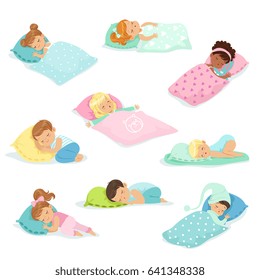 Adorable little boys and girls sleeping sweetly in their beds, colorful characters vector Illustrations