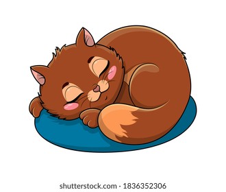Adorable little brown cartoon cat asleep on a cushion or kitty bed with serene expression isolated on white, colored cartoon vector illustration