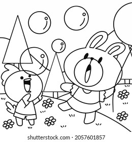 Adorable Little Bunny And Chick Playing Outdoor Coloring Book Page Illustration Asset