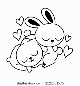 Adorable Little Bunny Couple Napping Coloring Page Doodle Vector Illustration