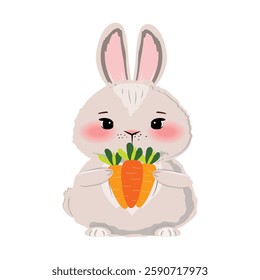 Adorable little bunny hugging a bundle of fresh carrots, happy and charming