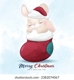 Adorable little bunny merry christmas with watercolor illustration