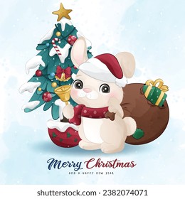 Adorable little bunny merry christmas with watercolor illustration