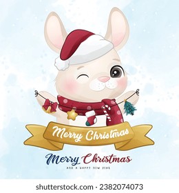 Adorable little bunny merry christmas with watercolor illustration